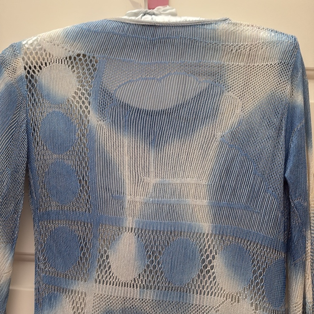 Boutique Blue and White Asymmetrical Fringe Open Knit Tunic Top Size XS - Picture 5 of 6